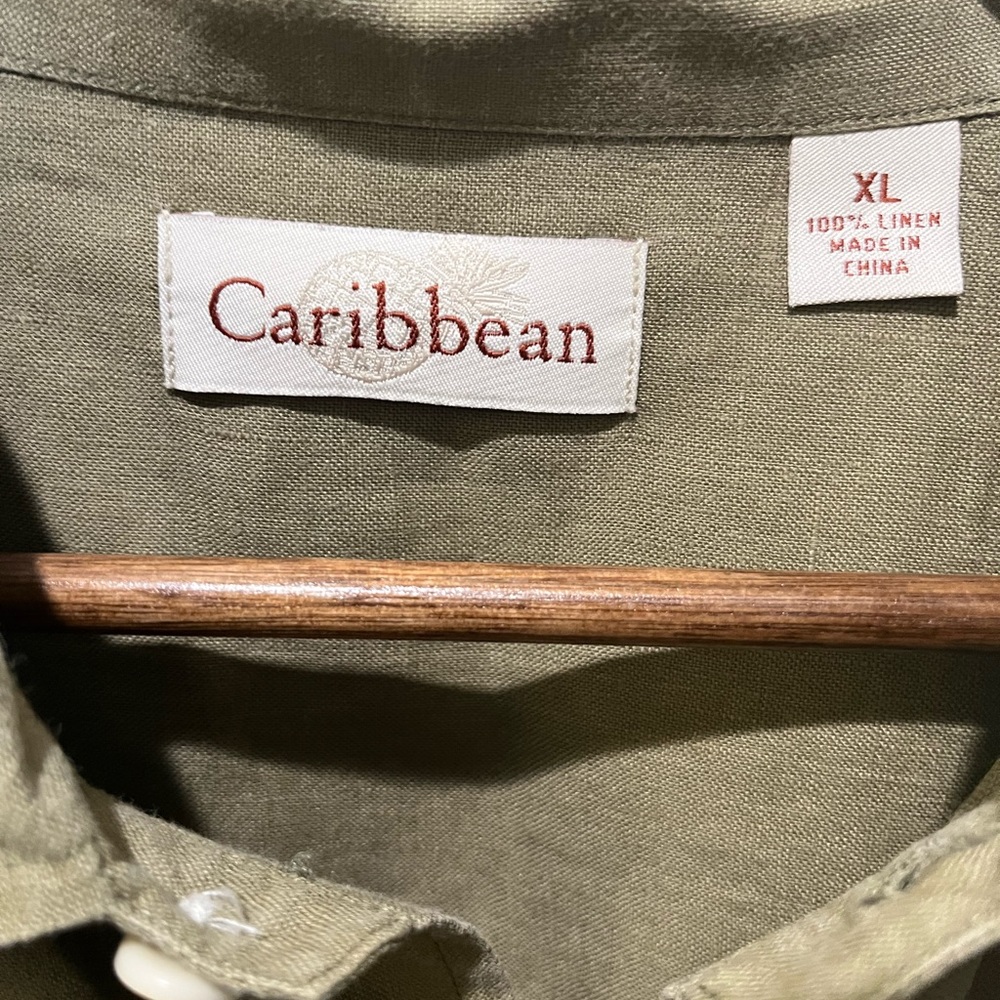 CARIBBEAN 100% LINEN MEN’S GREEN KHAKI BUTTON DOWN SHORT SLEEVE SHIRT SIZE XL - Picture 7 of 10